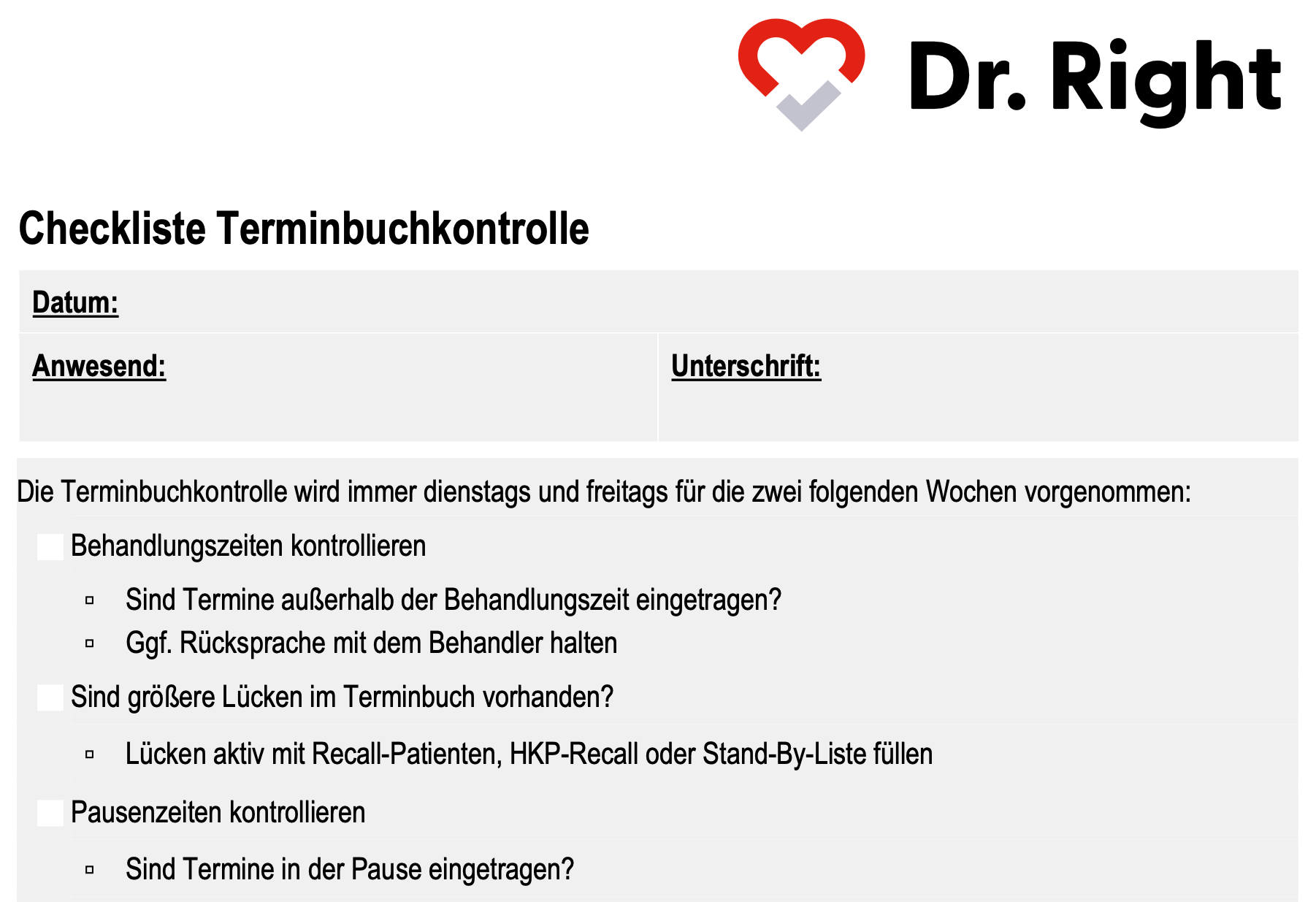Checkliste Terminbuchkontrolle